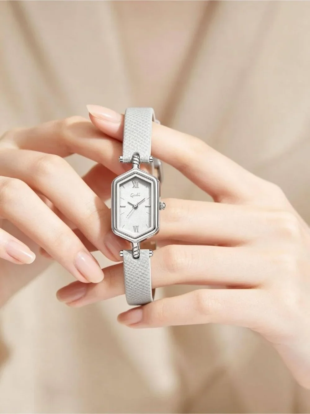 Women's Gray Blue Vintage Slim Leather Strap Bracelet Hexagon Case Wrist Watch